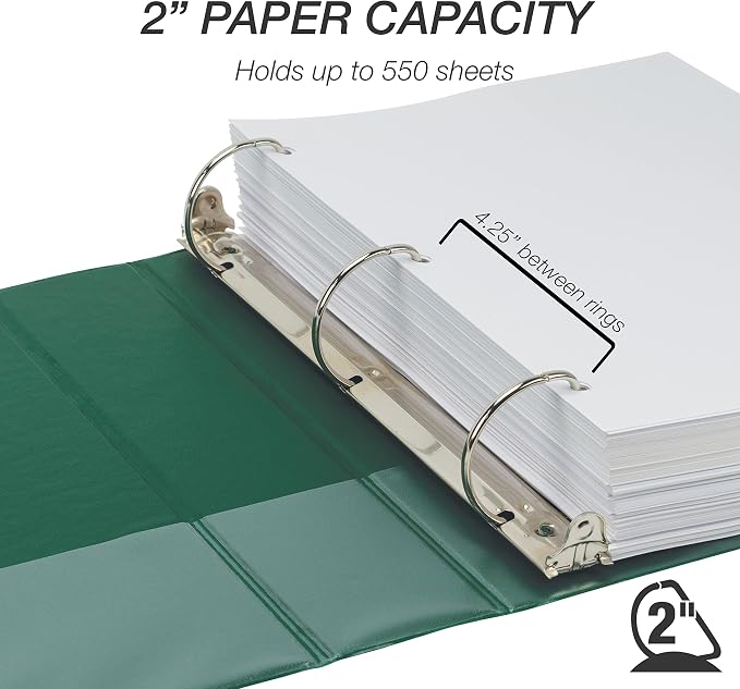 Samsill Durable 2 inch 3 Ring Binder, D Ring Binder, 100% Recycled Chipboard, Green, 4 Pack
