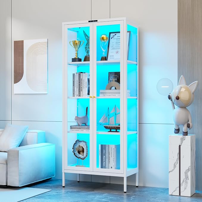 Polup 66" White Glass Display Cabinet with 8-Color LED for Collectibles | Metal Frame & Tempered Glass Doors, Motion Sensor LED, 3 Adjustable Shelves, 4-Tier Space, for Indoor Plants & Figures