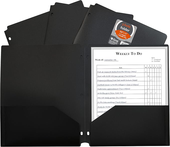 C-Line Two-Pocket Heavyweight Poly Portfolio Folder with Three-Hole Punch, Box of 25, Black (33931-25)