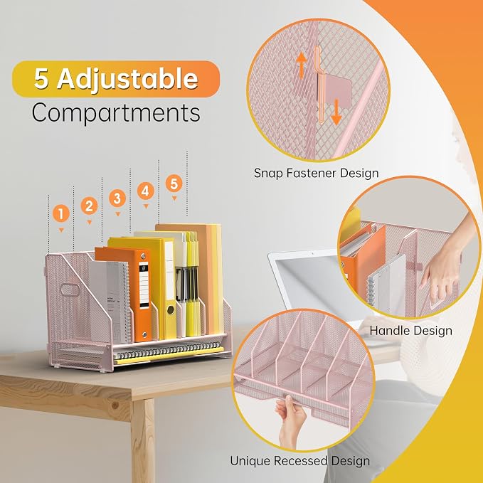 Docnest Mesh Desk File Organizer, 5 Vertical Compartment Box Sorter, Pink | Features 4 removable middle dividers for custom spacing and a bottom letter tray to hold paper, mail, and documents