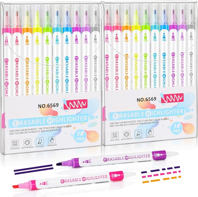 Zhehao 20 Pcs Erasable Highlighters Set, 10 Assorted Pastel Colors