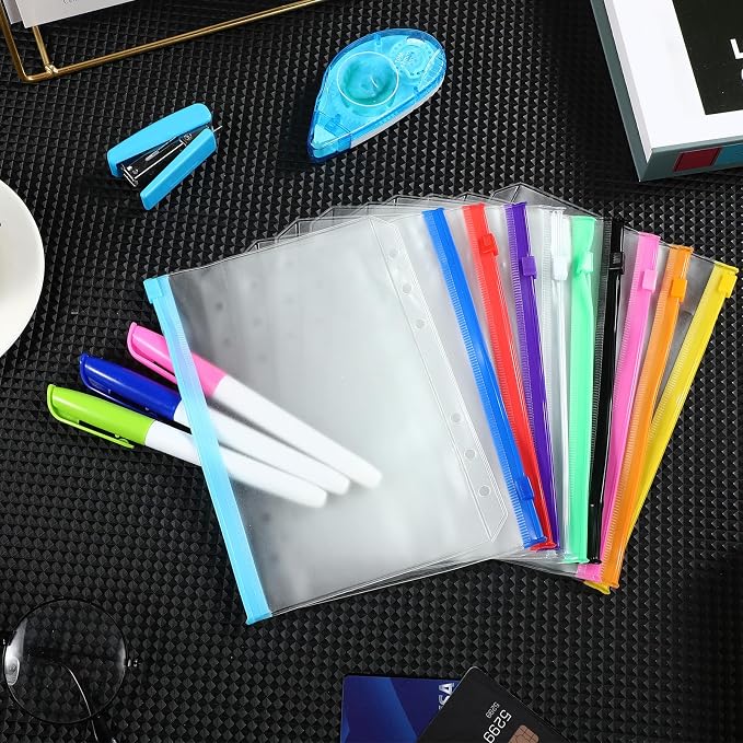 40 Pieces Binder Pockets 6 Hole Zipper Pouch 6 Ring B6 Pockets with Zipper Binder Folders Plastic Pouches Loose Leaf Bags Waterproof PVC Document Filing Bag