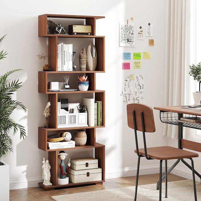 Tangkula 6-Tier S-Shaped Bookshelf, 64" Freestanding Geometric Bookcase, Home Office Wood Storage Shelf with Anti-Toppling Device, Room Divider Display Rack for Study, Living Room (1, Walnut)
