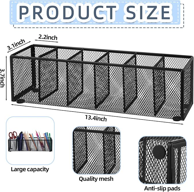 Teling 2 Pcs Mesh Desk Organizer Metal Mesh Pen Holder 6 Compartments Desktop Stationery Pencil Caddy Organizer Basket(Black)