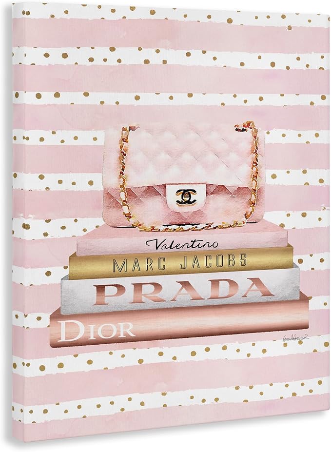 Stupell Industries 'Pink Purse Bookstack over Stripes'| Canvas Art | Stupell Industries | 36 x 48 Inches, Easy to Hang and Sturdy, Made in USA, by Amanda Greenwood