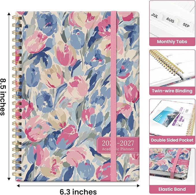 Taja Planner 2026-2027, Jul 2026-Jun 2027 Monthly & Weekly Calendar Planner | 6.3" x 8.5", Hardcover Academic Calendar, Teacher Student Agenda Book with Tabs, School Office Supplies, Soft Blossoms