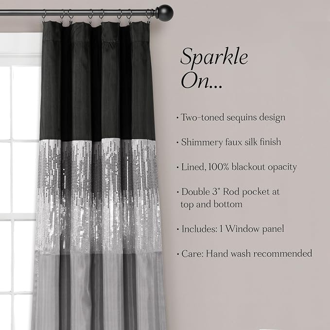 Lush Decor Night Sky 100% Blackout Window Curtain Panel Single 42"W x 84"L, Black & Gray - Blackout Curtains For Bedroom - Sequin Curtains - Glam Decor
