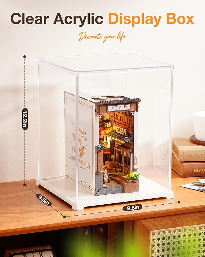 Rolife Display Box for Hobby Collectibles | Tool-free Assembly, Clear Acrylic Display Case for Book Nook, Dust Cover Showcase Clear Stackable Storage Bin