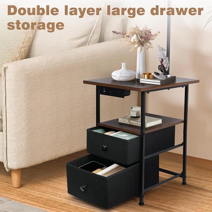 PESRAE Floor Lamp with Table & 2 Drawers, End Table with 3 Color Temperature Reading Light, Side Table Lamp with USB & Type C & AC Charging Port for Living Room, Bedroom