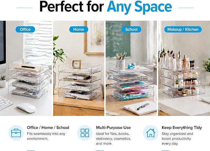 DCA 4 Tier Clear Desk Organizer Letter Tray with 3 Multi-Use Modular Panels | Transparent Desktop System | Modular & Expandable | Office, Home & School