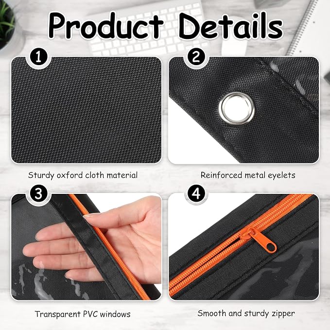 Leinuosen 64 Pack Black Pencil Pouch Bulk for 3 Ring Binder, Pencil Case with Colored Zipper and Clear Window Storage Bag for Office, Back to School Classroom Supplies
