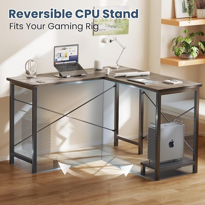 DUMOS 50-Inch Reversible L Shaped Desk with CPU Shelf, Grey | Computer Desk with Sturdy Metal Frame, Corner Gaming Desk, Home Office Desk for Study, Writing and Work, Sturdy Modern Design