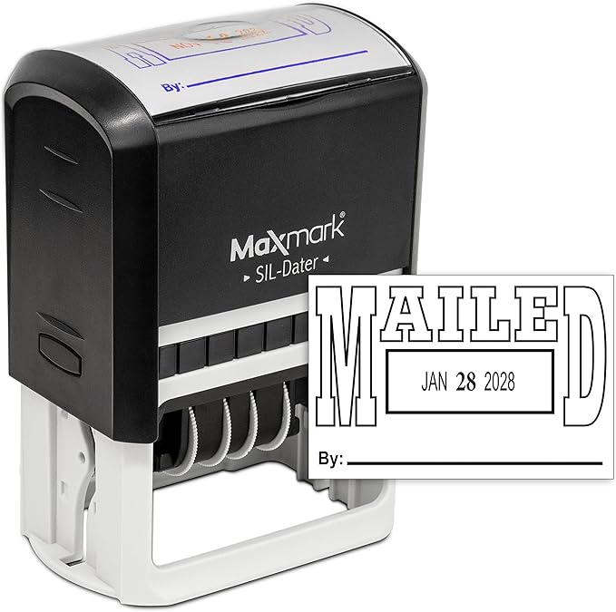 MaxMark Large Self-Inking Rubber Date Office Stamp with Mailed Phrase & Date - Black Ink, 12-Year Band - Style 5