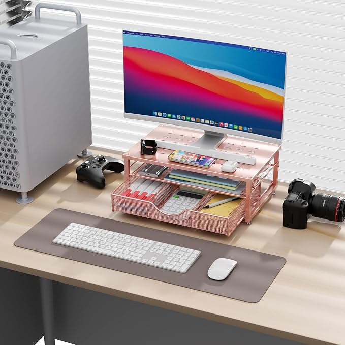 gianotter Computer Monitor Stand Riser with Drawer | Desk Organizers and Accessories Desk Accessories & Workspace Desktop Organizers Storage for Printer Stand (Rose Gold)