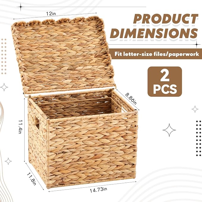 Jingmore 2 Pack Water Hyacinth File Storage Box with Scalloped Lid Collapsible Letter Size Hanging Filing Organizer Basket for Home, Woven Decorative Document Storage Box