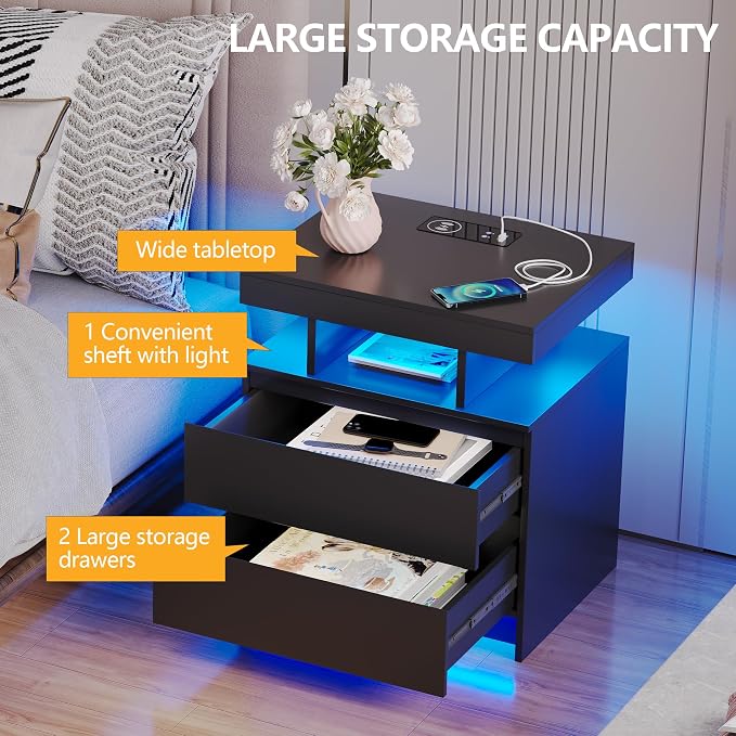 dnbss LED Nightstand with Charging Station, Smart Bedside Table, Black | Modern Night Stand, Floating Desktop, 2 Drawers, 1 Compartment, Human Body Sensor, for Bedroom Living Room Office Storage