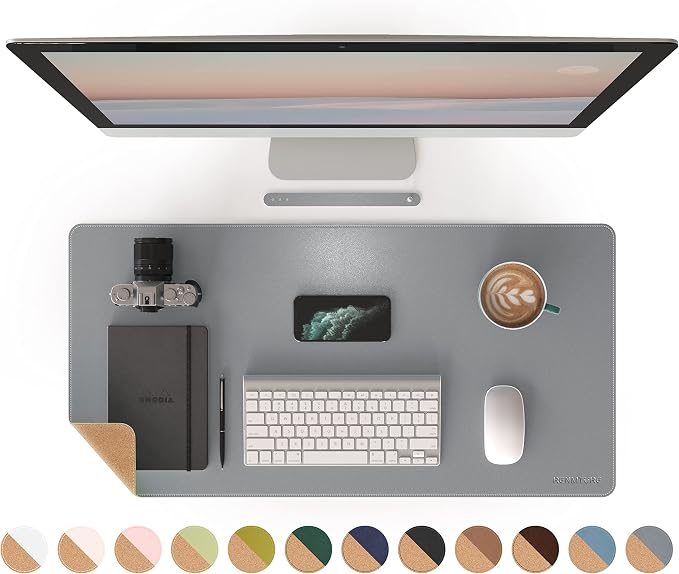 RENMTURE Dual-Sided Mouse Pad, Natural Cork & PU Leather Large Desk Pad for Office and Home Work, Desk Protector Non-Slip, Waterproof, Easy Clean (Gray, 32"x16")