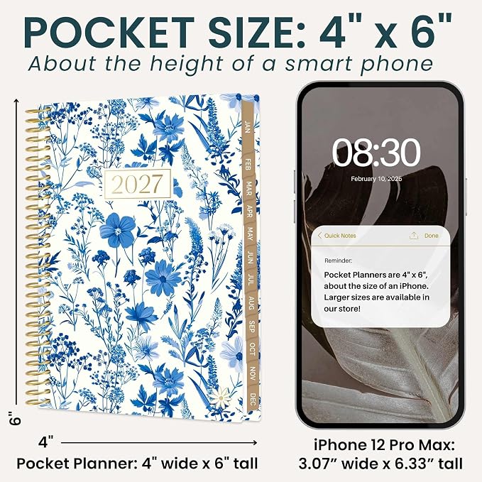 bloom daily planners 2027 Pocket Planner (January 2027 - December 2027) - 4” x 6” MINI Weekly Monthly Agenda Organizer & Calendar Year Book - Blue & White Floral