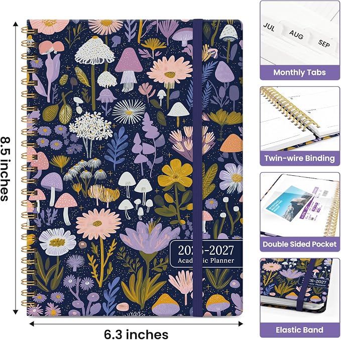 Taja Planner 2026-2027, Jul 2026-Jun 2027 Monthly & Weekly Calendar Planner | 6.3" x 8.5", Hardcover Academic Calendar, Teacher Student Agenda Book with Tabs, School Office Supplies, Mushroom Garden