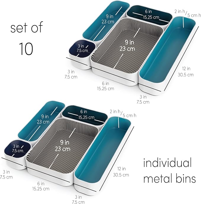 Three by Three Seattle Metal Drawer Organizer Tray Set, 10-Pc (Assorted) | Deep 2" food-safe metal bins; mix & match to customize any drawer; kitchen, bathroom, office & vanity organization