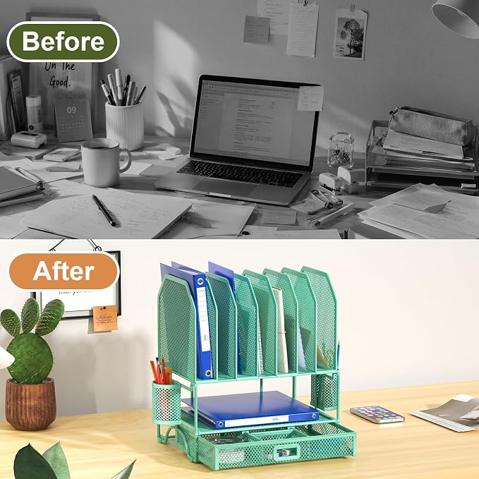 FANXIYQ Metal Desk Organizer with Sliding Drawer, 7-Section File Organizer for Desk, Desktop File Folder & Paper Organizer with 2 Hanging Pen Holders, Office Supplies Organizer, Green