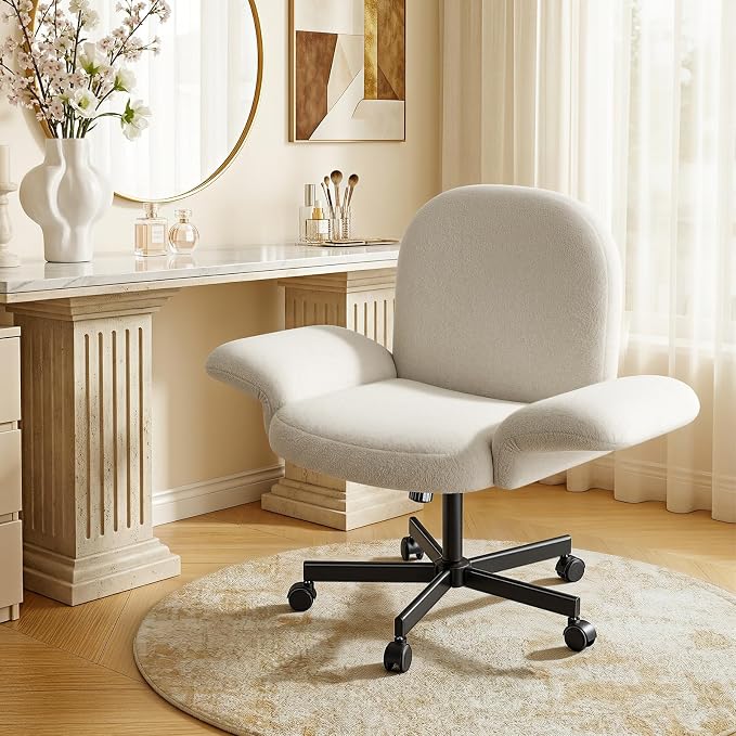 Marsail Criss Cross Office Chair with Adjustable Armrests & Wheels, Vanity Chair with Wide Cushion, Reclining Back, Soft Chenille Fabric, Desk Chair for Home Office, Makeup Room, Bedroom, White