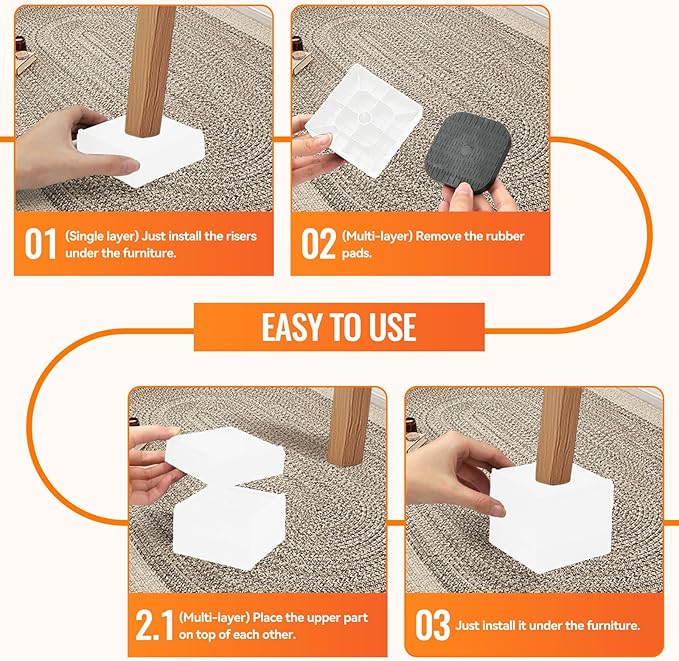 shouwuhho Furniture Risers, 4 Pack Bed Risers with Non-Slip Grip and Heavy Duty Support, 1 Inch 2 Inch 3 Inch 4 Inch Height Lift for Couch, Sofa, Table, Desk, Chair, Refrigerator - White, 1 Inch