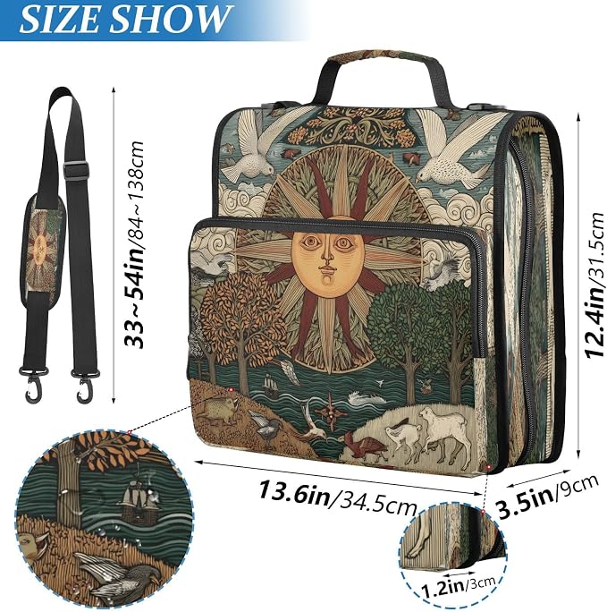 ALAZA Zipper Binder 3 Ring Bohemian Bird Sun Vintag Binder Organizer with Zipper and Shoulder Strap Large Capacity Multi-Pocket Trapper Keeper File Folder for Office Supplies