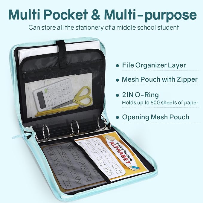 SUNEE Zippered Binder Bag with Handle, 2-Inch 3-Ring O-Ring, 500-Sheet Capacity, Includes Zip Pocket, 5-Tab Expanding File Folder, Multi-Pocket Organizer Binder for Middle School, Sky Blue