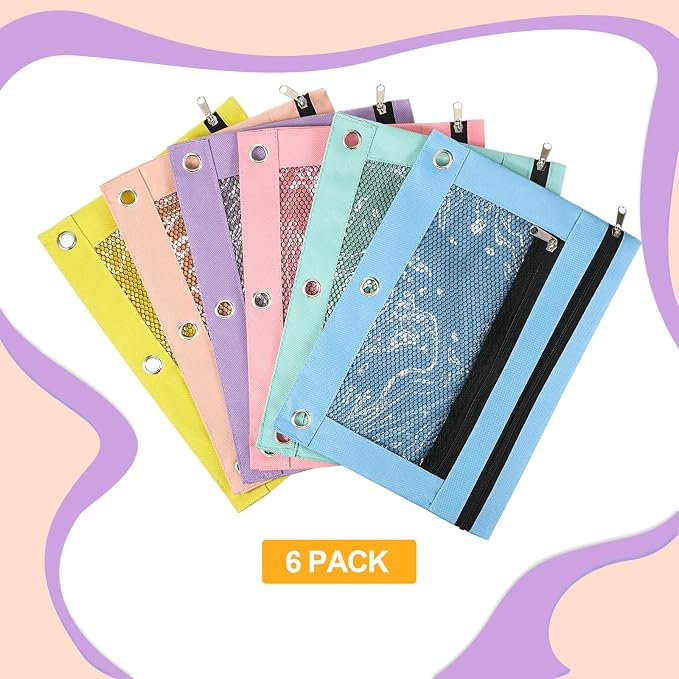 Kosiz 6 Pcs Pencil Pouch for 3 Ring Binder, 2 Layer Zipper Big Capacity Pencil Case with Mesh Window, Wear Resistant Oxford Fabric, Multicolored for Student Teacher (Macaron Color)