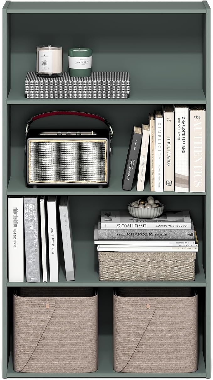 Furinno PASIR Book Shelf, 3-Tier Bookshelf, Storage Shelves Bookcase, 9.7 x 23.7 x 31.5, for Living Room, Bedroom, Home Office, Sage Green