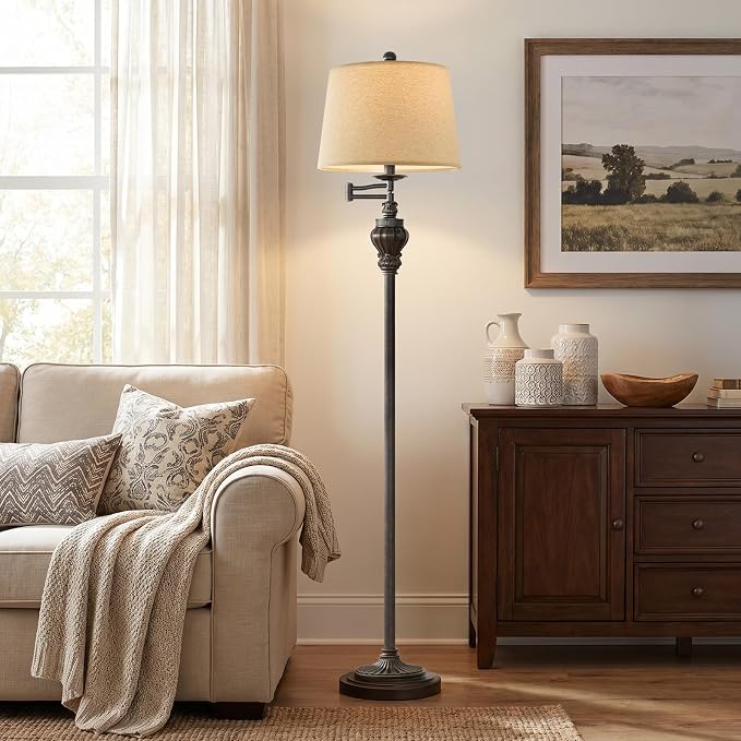Vintage Floor Lamp with 350° Adjustable Swing Arm 61" Lamps for Living Room | Antique Brass Standing Lamp, Retro Bronze Bedroom Floor Lamp, Mid Century Farmhouse Rustic Traditional Tall Swivel Pole Lamp