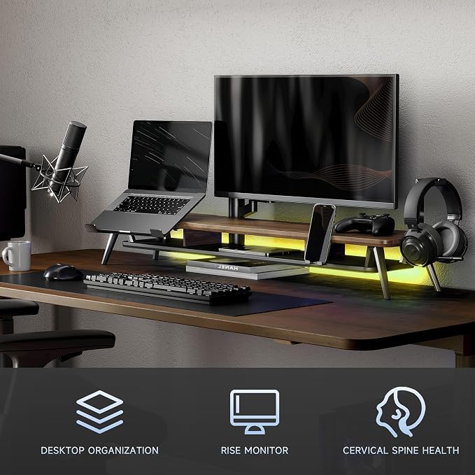Fenge 42.5-Inch Monitor Stand Riser with Laptop, Phone & Headphone Holders | 10° Adjustable Laptop Holder, 2-Tier Storage, Dual Monitor or Monitor-Laptop Setup, Ideal for Multitasking, Gaming, Streaming