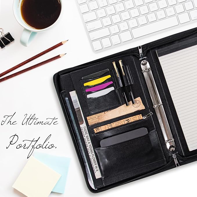 Calfinder Leather 3 Ring Portfolio Binder with Zipper, Professional Business Padfolio Organizer for Men & Women, A4 Letter Document Folder Case for Interview, Resume & 13 inch Laptop