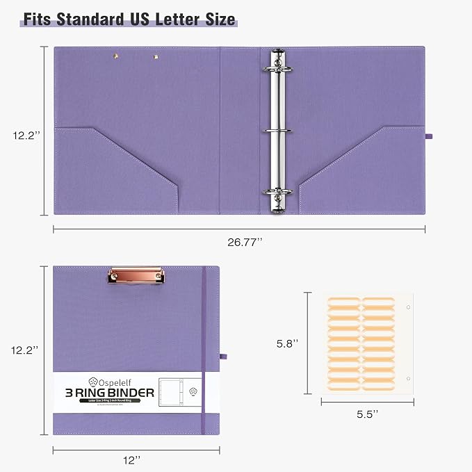 Ospelelf 2 Inch 3 Ring Binder Organizer with Zipper Pouch, Purple Linen Clipboards Portfolio (8.5" x 11"), 5 Plastic Folders with 10 Pockets, Hardcover School Binder