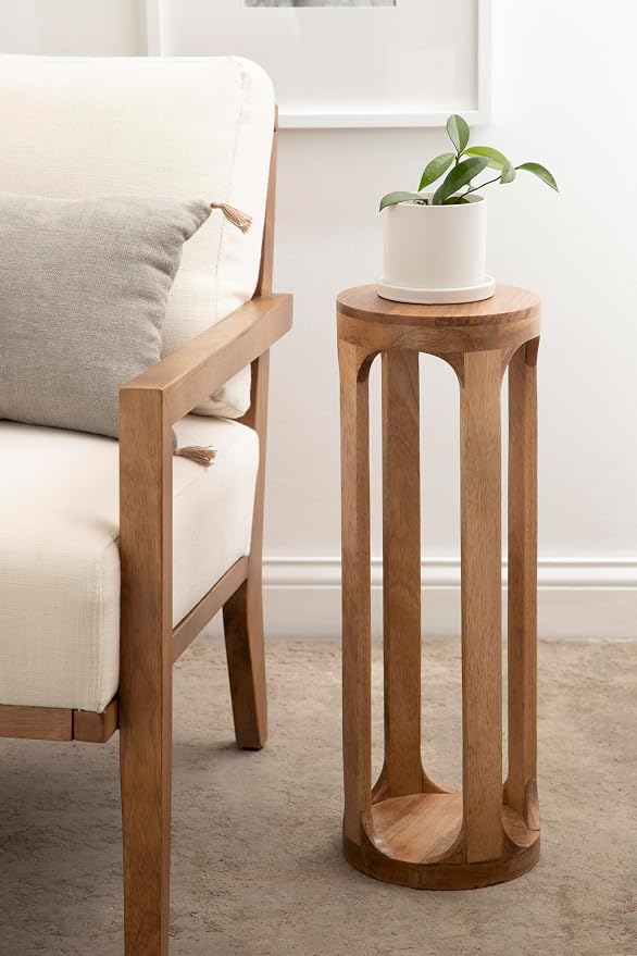 Kate and Laurel Dahl Wooden Round Drink Table; 8 x 23; Natural Brown; Transitional Boho Circle Wood Accent Pedestal Table for Living Room Plant Stand or Small Bedroom Nightstand