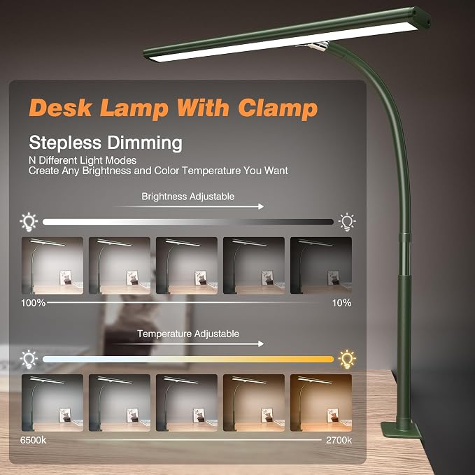 Airlonv LED Desk Lamp with Clamp, 17" Stepless Dimming Light, Green | 2700K-6500K, 100 LEDs, 360° Gooseneck, Fits Up to 30" Monitors, Flicker-Free Lighting for Home Office, Study& Workbench
