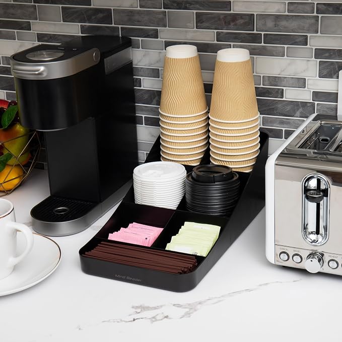 Mind Reader 7-Compartment Coffee Condiment Organizer, Cup and Lid Holder, Countertop Station for Coffee Bar, Breakroom, Kitchen, Set of 2, Black