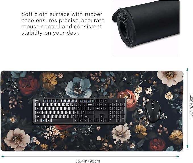 Floral Aesthetic Rose Gaming Mouse Pad, Black Dark Botanical Desk Mat with Anti-Slip Base & Stitched Edges,35.4" x 15.7" in Desk Accessories for Women, Home Office Decor & Artistic Gift