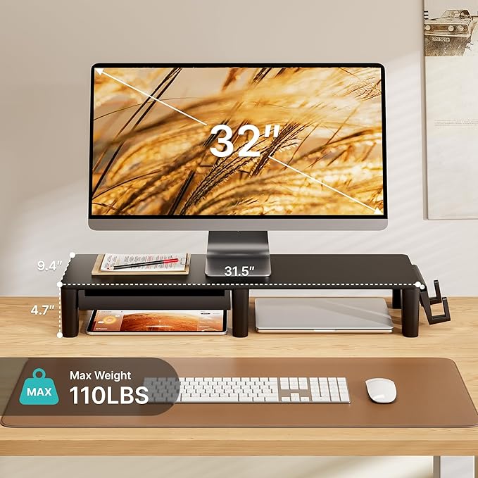 Ergonomic Monitor Stand Riser with Storage Drawer | Computer Riser For PC, Laptop,31.5" desk monitor stand,Desktop Shelf Organizer,For Home Office