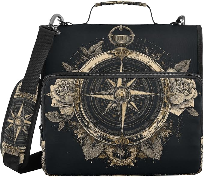 ALAZA Roses and Nautical Compasses Zipper Binder 1.5 inch 3 Ring Binder Organizer with Shoulder Strap and Handle for Home Office Work