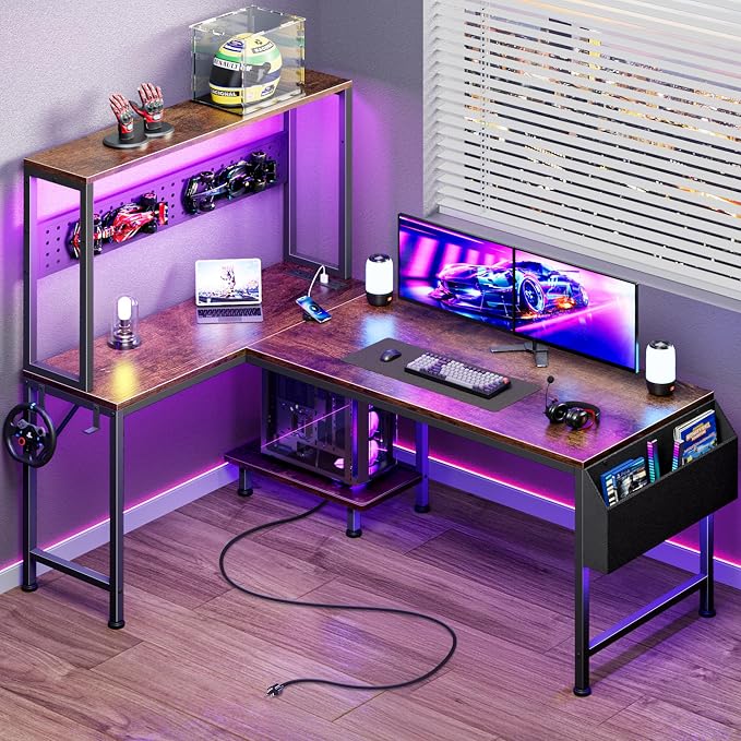 L Shaped Gaming Desk with LED Lights & Power Outlets | Reversible Computer Desk with Storage Shelves & Bag, Large Corner Home Office Desk for Work from Home, Rustic Brown