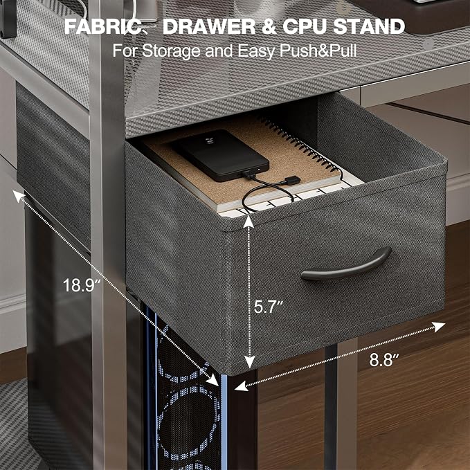 Grandder Gaming Desk 55 Inch with Power Outlet and LED Light, Computer Desk with Reversible Shelves and Storage Drawer, Pc Small Desk for Home Office Table with Bag, Carbon Fiber Grey