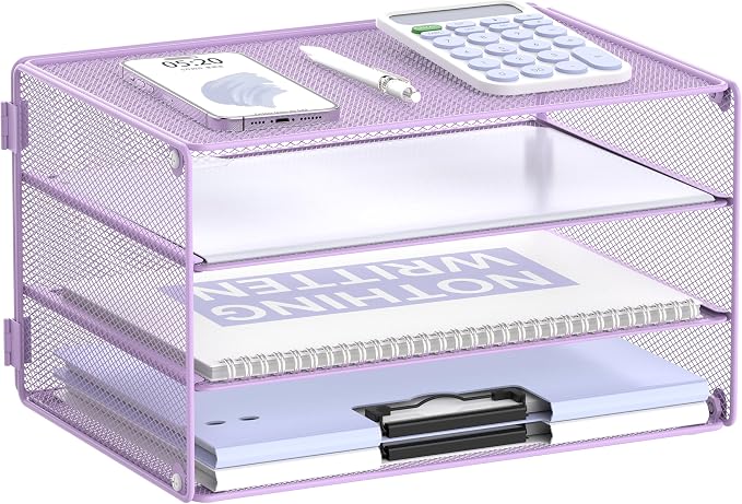 DALTACK 3 Tier Letter Tray Paper Organizer with Sliding Mesh Trays Purple | Metal Mesh File Organizer with Sliding Trays for Letter and A4 Paper, Mail, Bills, Folders and Office Documents
