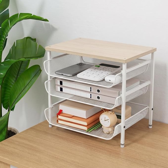 4-Tier Printer Stand for Desk with Storage Drawer Wooden Top Printer Shelf Metal Desktop Organizer Paper Organizer Printer Table for Home Office Accessories White