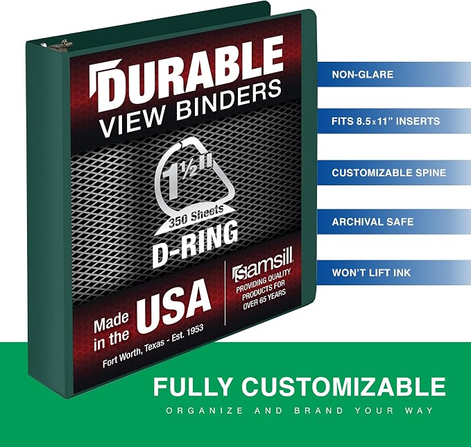 Samsill Durable 1.5 Inch Binder, D Ring Binder, Customizable Clear View Cover, Green, Holds 350 Pages