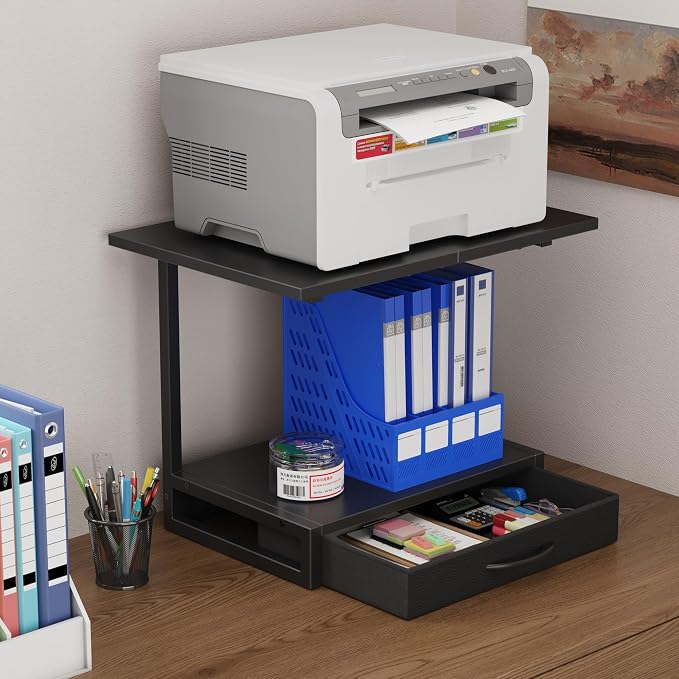 YAOHUOO 2-Tier Desktop Printer Stand with Fabric Drawer,19.6"x14.9" Black | Printer Table with Storage Shelf,Desk Organizer for Home Office,Fit Printer,Fax Machine,Scanner,Space Saving for Two Monitors