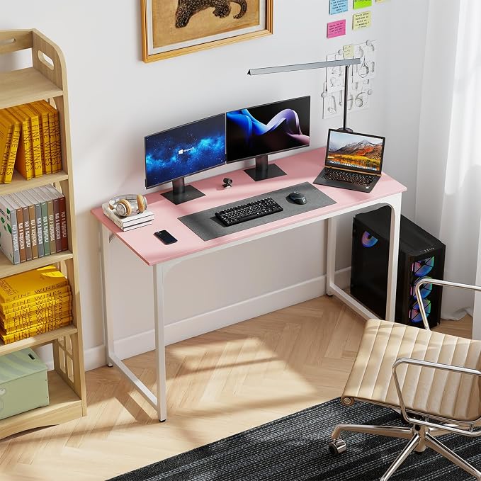 PayLessHere | 47 Inch Computer Desk | Pink | Office Desk with Metal Frame, Adjustable Feet | Water-Resistant, Scratchproof Surface | Sturdy Writing Table for Home Office or Study | Pack of 1
