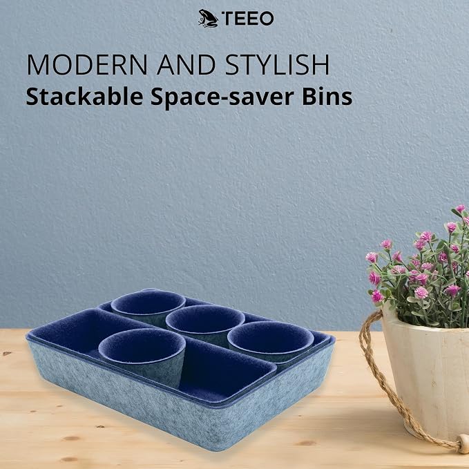 Teeo - Organizer for Drawers - Desk Drawer Organizers and Storage - Make Up Draw Organizers - Kitchen Drawer Organization - Home Office Cosmetic Bins Dividers Box Compartment - Pack of 7, Navy
