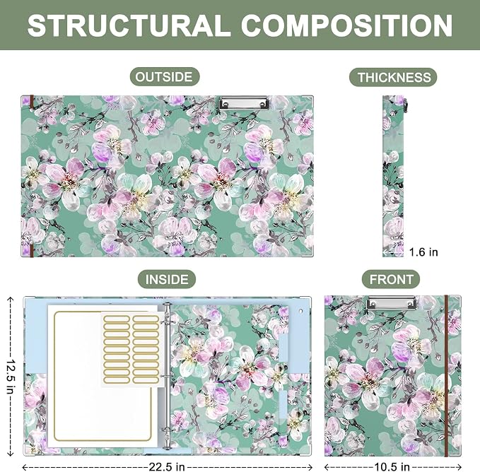 Rouidr 3 Ring Binder with clipboard, 1 inch 8.5 x 11 in Letter Size View Binders Organizer with Dividers Tabs & Clear Sleeves, School Supplies, Office Supplies, Plum Flower